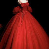 Red Tulle Long A-line Ball Gown Formal Gown - Thumbnail 3