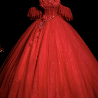 Red Tulle Long A-line Ball Gown Formal Gown - Thumbnail 5