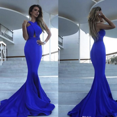 Royal blue prom dresses mermaid halter keyhole - Thumbnail 3