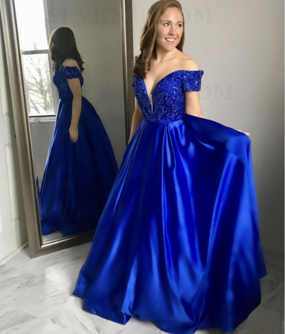 Off Shoulder Royal Blue Prom Dresses with Rhinestones 