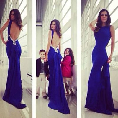 Royal Blue Prom Dresses Backless with Rhinestones