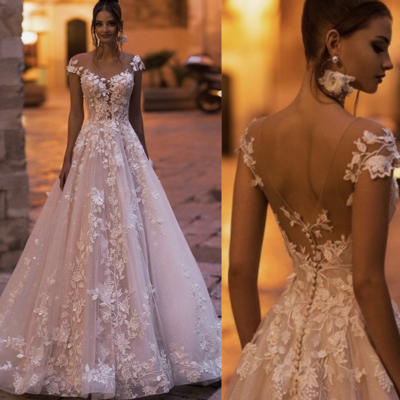 Sheer neck wedding dresses bridal gown with lace appliques - Thumbnail 3