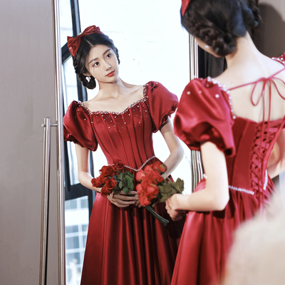 Burgundy satin long a-line prom dress evening dress - Thumbnail 1