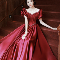 Burgundy satin long A-line prom dress evening dress - Thumbnail 1