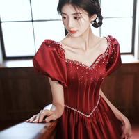 Burgundy satin long A-line prom dress evening dress - Thumbnail 2