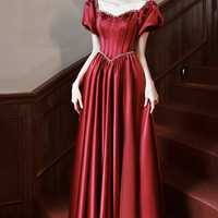 Burgundy satin long A-line prom dress evening dress - Thumbnail 4