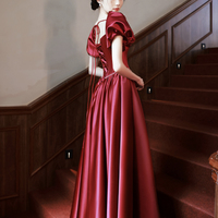Burgundy satin long A-line prom dress evening dress - Thumbnail 5
