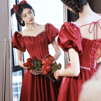 Burgundy satin long A-line prom dress evening dress - Thumbnail 6