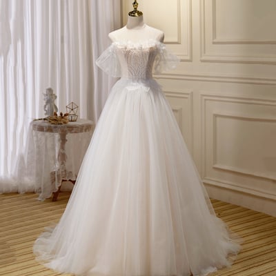 Champagne tulle lace long prom dress a-line evening dress - Thumbnail 2