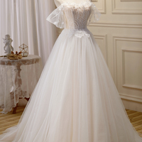 Champagne tulle lace long prom dress A-line evening dress - Thumbnail 2