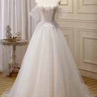 Champagne tulle lace long prom dress A-line evening dress - Thumbnail 5