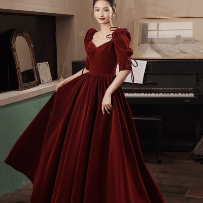 Burgundy velvet long prom dress a-line evening dress - Thumbnail 2