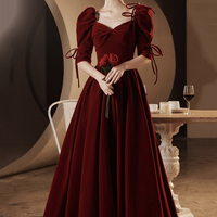 Burgundy velvet long prom dress A-line evening dress - Thumbnail 1