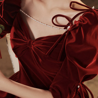 Burgundy velvet long prom dress A-line evening dress - Thumbnail 2