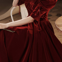 Burgundy velvet long prom dress A-line evening dress - Thumbnail 3