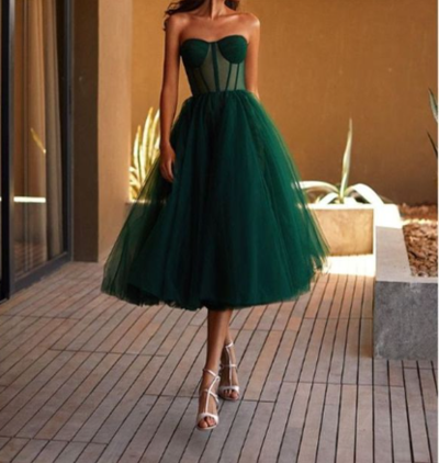Princess A-Line Sweetheart Dark Green Tulle Tea Length Prom Dress,906