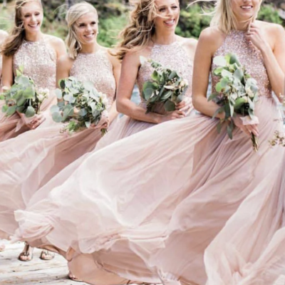 Halter bridesmaid dresses pale pink with beading - Thumbnail 2