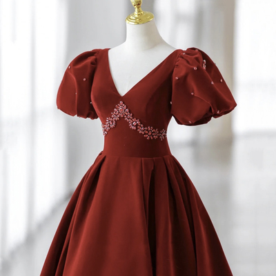 Burgundy v-neck velvet long prom dress evening dress - Thumbnail 3