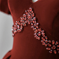 Burgundy V-neck velvet long prom dress evening dress - Thumbnail 2