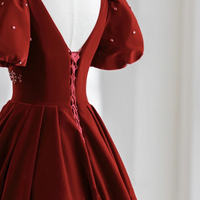 Burgundy V-neck velvet long prom dress evening dress - Thumbnail 3