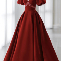 Burgundy V-neck velvet long prom dress evening dress - Thumbnail 4