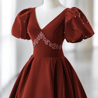 Burgundy V-neck velvet long prom dress evening dress - Thumbnail 5