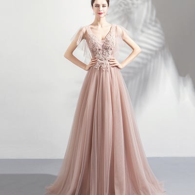 Pink v-neck tulle lace long prom dress a-line evening dress - Thumbnail 2
