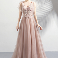 Pink V-neck tulle lace long prom dress A-line evening dress - Thumbnail 1