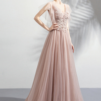 Pink V-neck tulle lace long prom dress A-line evening dress - Thumbnail 2