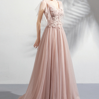 Pink V-neck tulle lace long prom dress A-line evening dress - Thumbnail 3