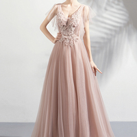 Pink V-neck tulle lace long prom dress A-line evening dress - Thumbnail 4