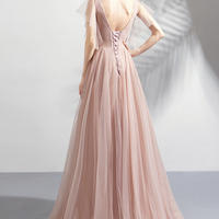 Pink V-neck tulle lace long prom dress A-line evening dress - Thumbnail 5