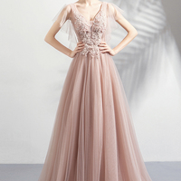 Pink V-neck tulle lace long prom dress A-line evening dress - Thumbnail 6