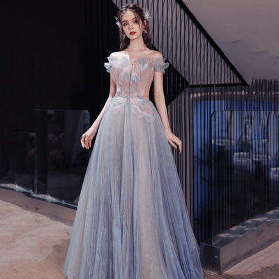 Blue tulle long a-line prom dress blue evening dress - Thumbnail 1