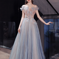 Blue tulle long A-line prom dress blue evening dress - Thumbnail 1