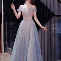 Blue tulle long A-line prom dress blue evening dress - Thumbnail 2