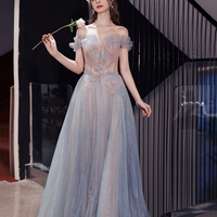 Blue tulle long A-line prom dress blue evening dress - Thumbnail 3