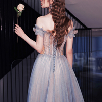 Blue tulle long A-line prom dress blue evening dress - Thumbnail 6