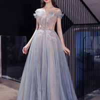 Blue tulle long A-line prom dress blue evening dress - Thumbnail 7