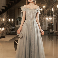 Gray tulle lace long prom dress A-line evening dress - Thumbnail 5