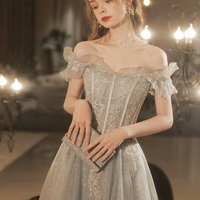 Gray tulle lace long prom dress A-line evening dress - Thumbnail 3