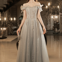 Gray tulle lace long prom dress A-line evening dress - Thumbnail 4