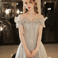 Gray tulle lace long prom dress A-line evening dress - Thumbnail 6