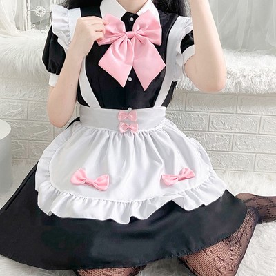 Cute japanese cosplay black maid outfit dress with pink bow - Thumbnail 4
