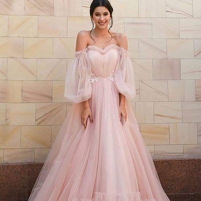Pink tulle bubble sleeves a line off the shoulder prom dresses long evening dress,1487