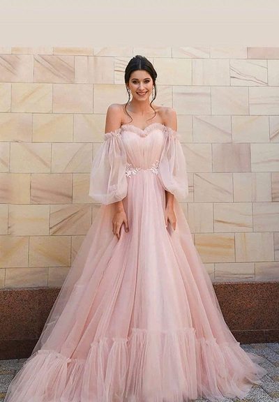 Pink tulle bubble sleeves a line off the shoulder prom dresses long evening dress,1487
