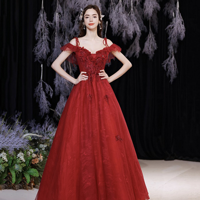 Burgundy lace long prom dress a-line evening dress - Thumbnail 2