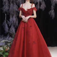 Burgundy lace long prom dress A-line evening dress - Thumbnail 3