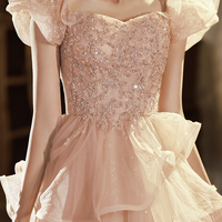 Pink tulle sequins long prom dress A-line evening dress - Thumbnail 2