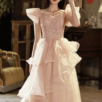 Pink tulle sequins long prom dress A-line evening dress - Thumbnail 4